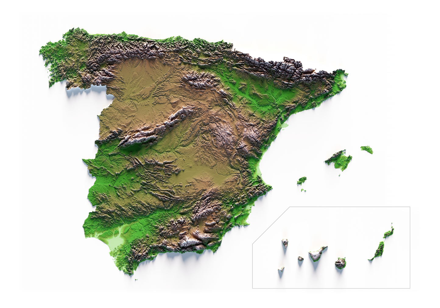 ESPAÑA. Mapa de relieve clásico.