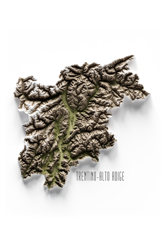 TRENTINO-ALTO ADIGIO. Mapa de relieve en colores terrosos.