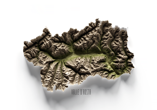 VALLE DE AOSTA. Mapa de relieve en colores terrosos.