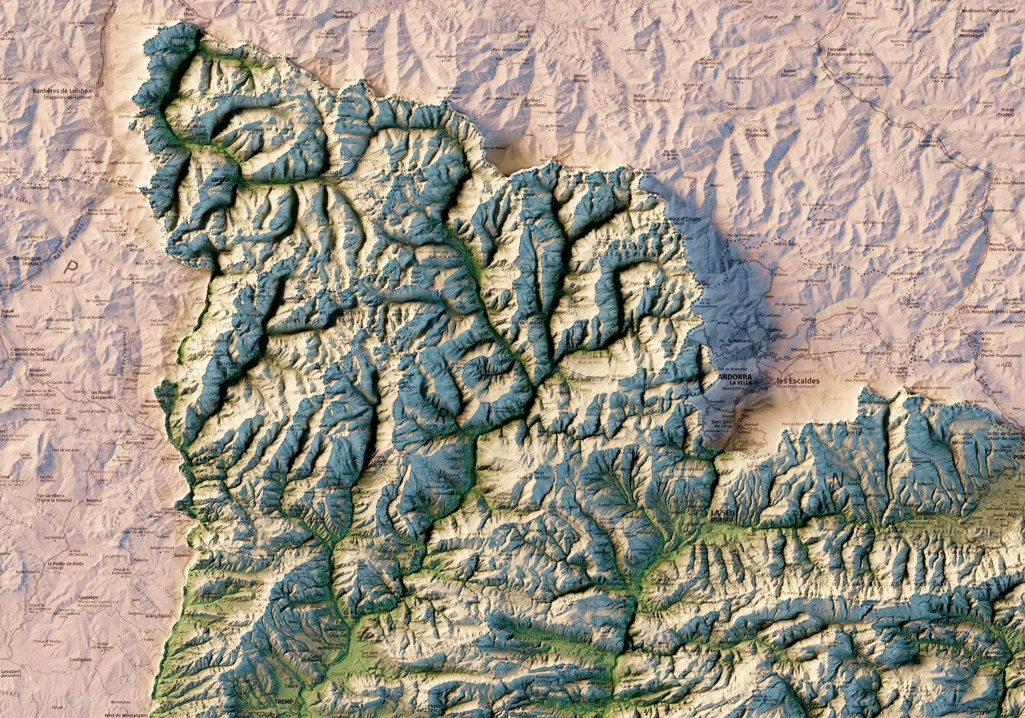 CATALUNYA. Mapa topográfico amb llistat dels cims més alts.