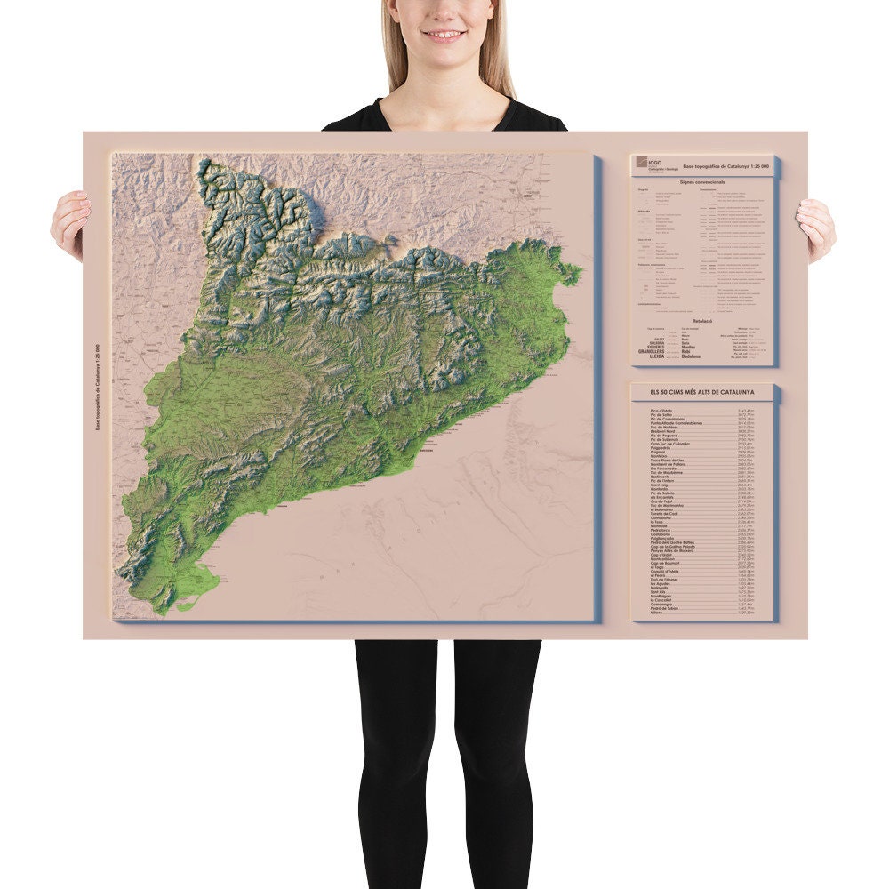 CATALUNYA. Mapa topográfico amb llistat dels cims més alts.