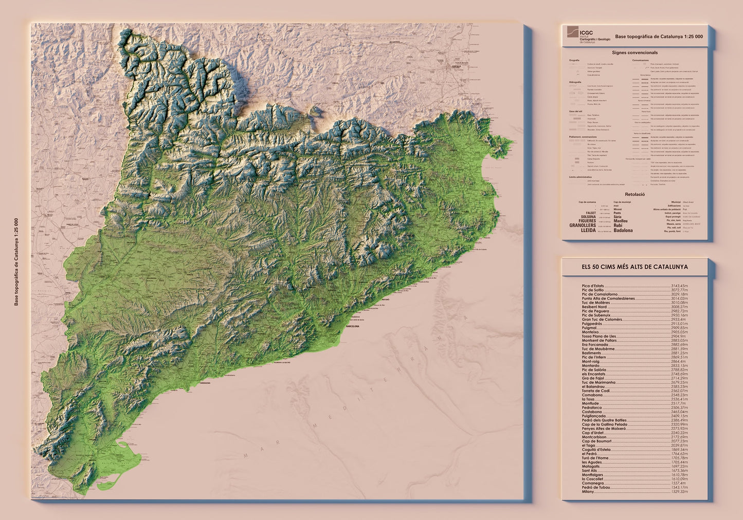 CATALUNYA. Mapa topográfico amb llistat dels cims més alts.