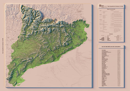 CATALUNYA. Mapa topográfico amb llistat dels cims més alts.