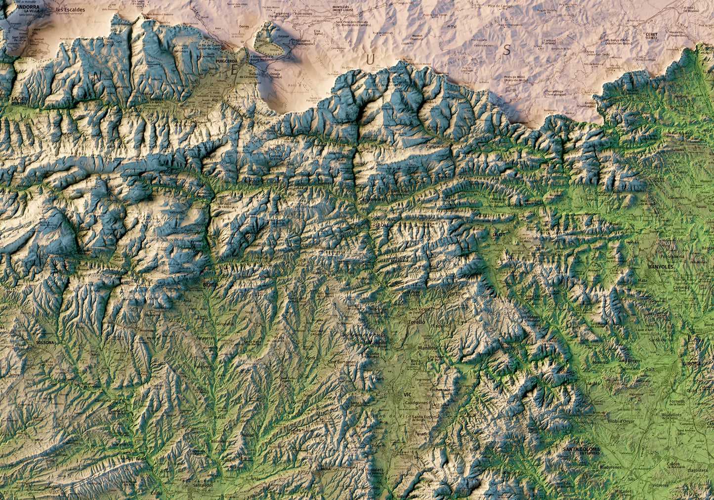 CATALUNYA. Mapa topográfico amb llistat dels cims més alts.