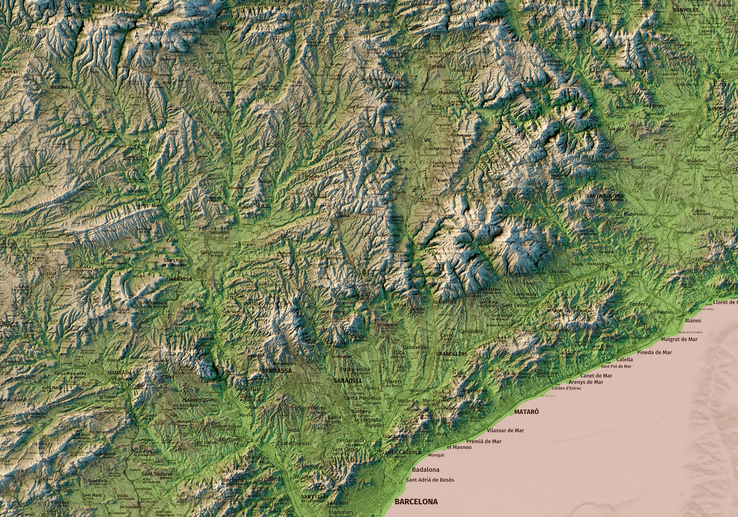 CATALUNYA. Mapa topográfico amb llistat dels cims més alts.