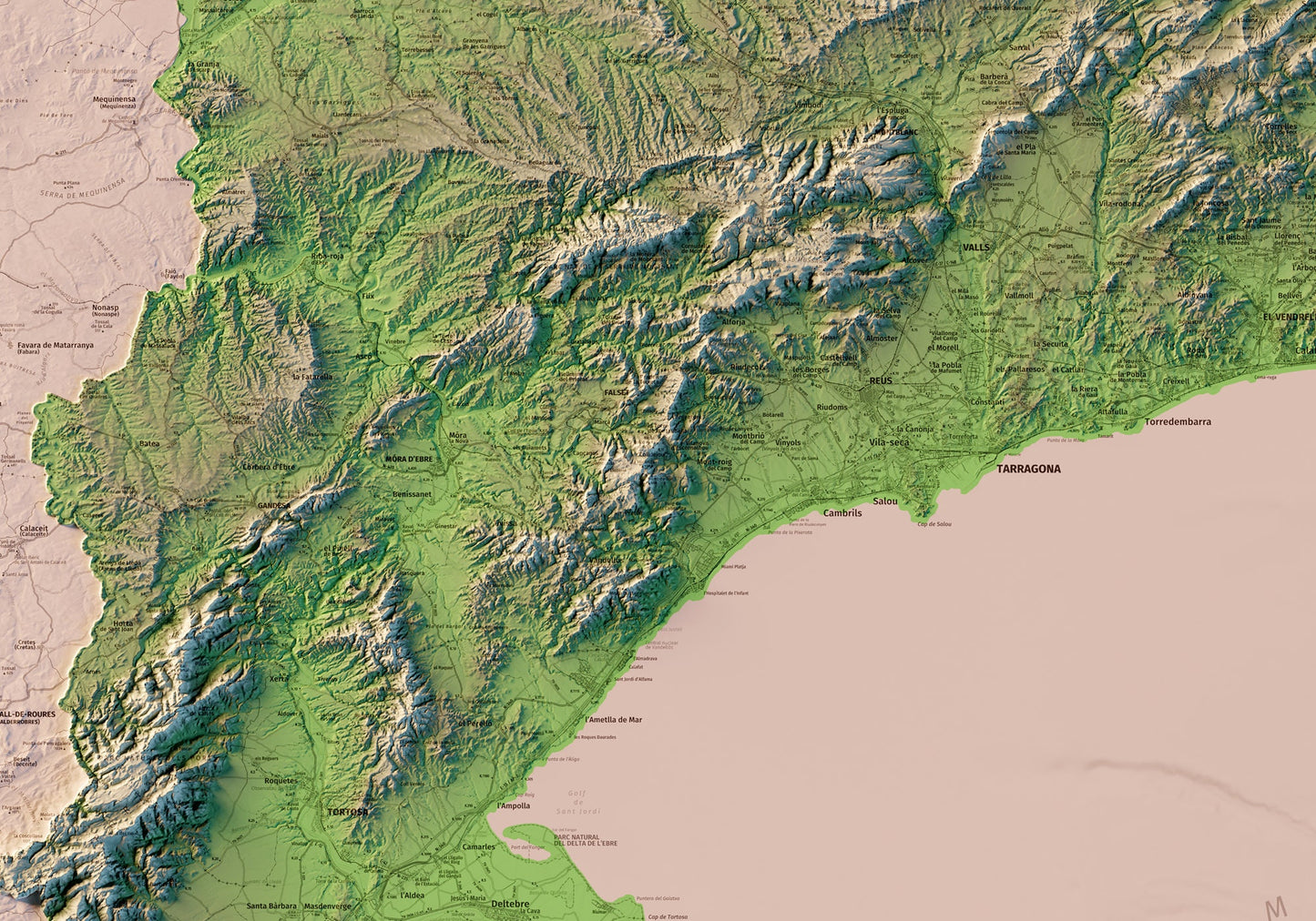 CATALUNYA. Mapa topográfico amb llistat dels cims més alts.