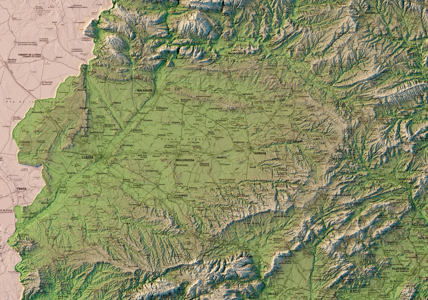 CATALUNYA. Mapa topográfico amb llistat dels cims més alts.