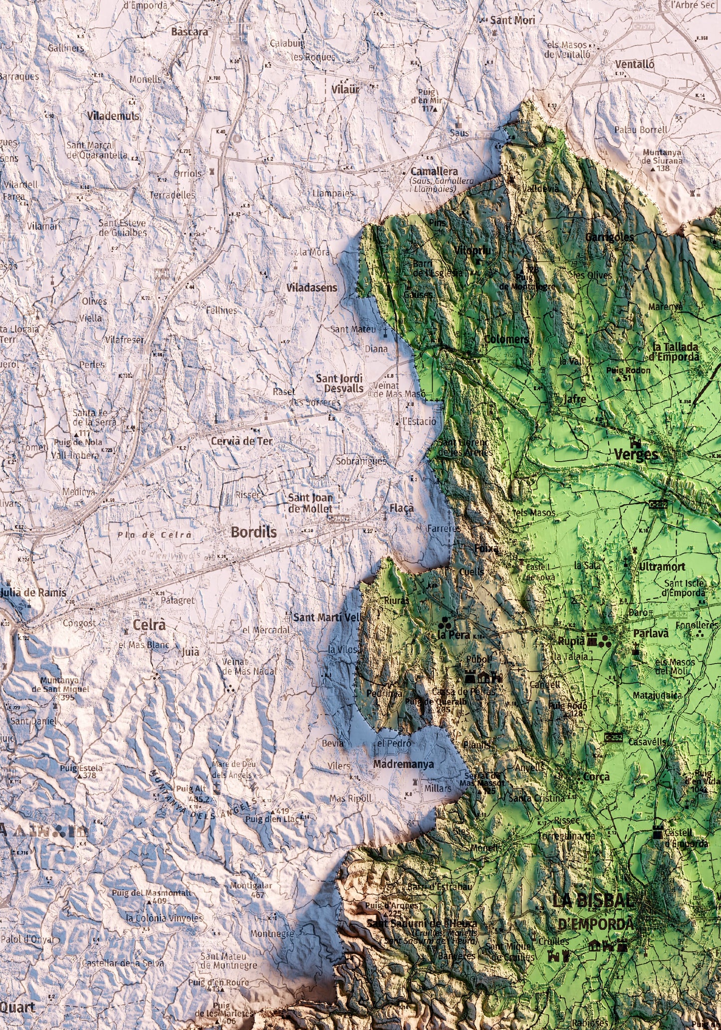 EL BAIX EMPORDÀ. Mapa topográfico. Versió amb el mar blau.