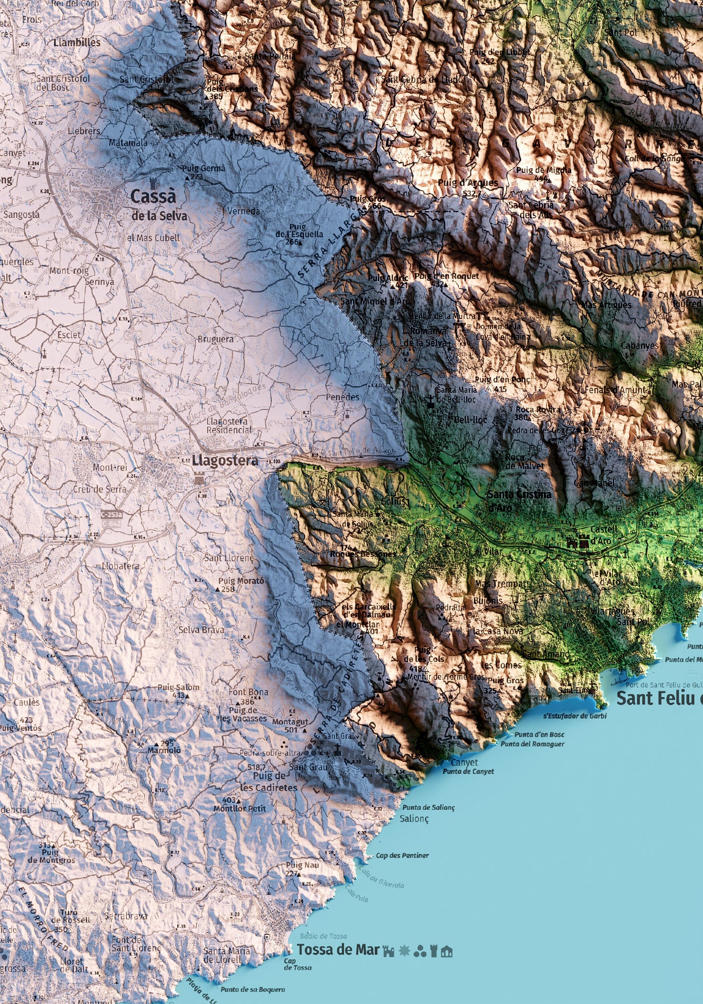 EL BAIX EMPORDÀ. Mapa topográfico. Versió amb el mar blau.
