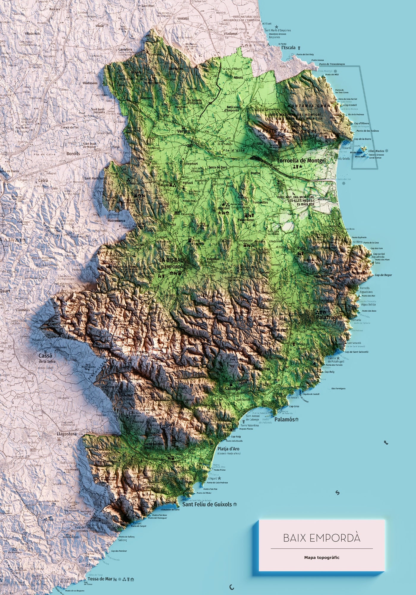 EL BAIX EMPORDÀ. Mapa topográfico. Versió amb el mar blau.