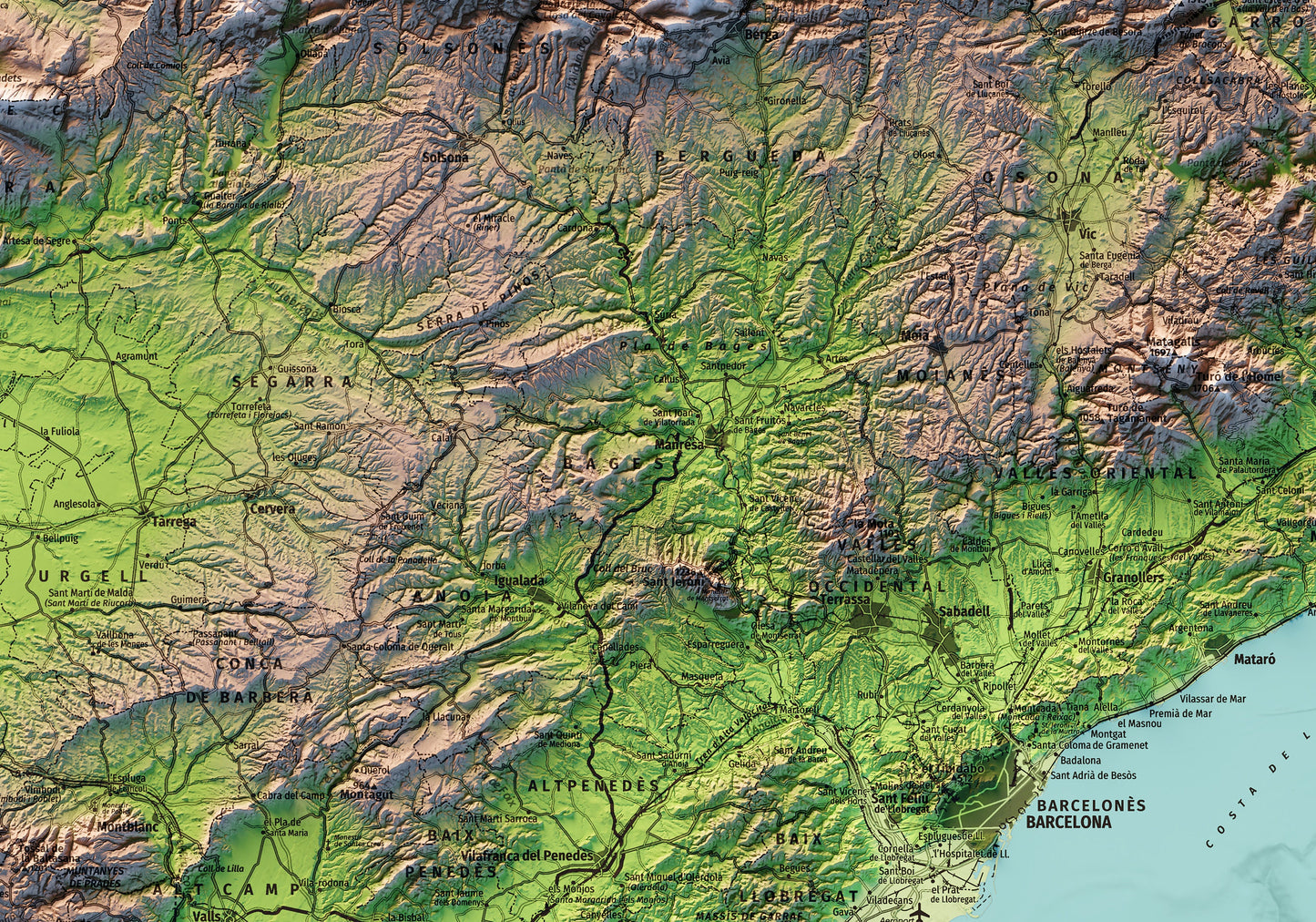 CATALUNYA. Mapa topográfico. Versió sense llegenda amb el mar blau.
