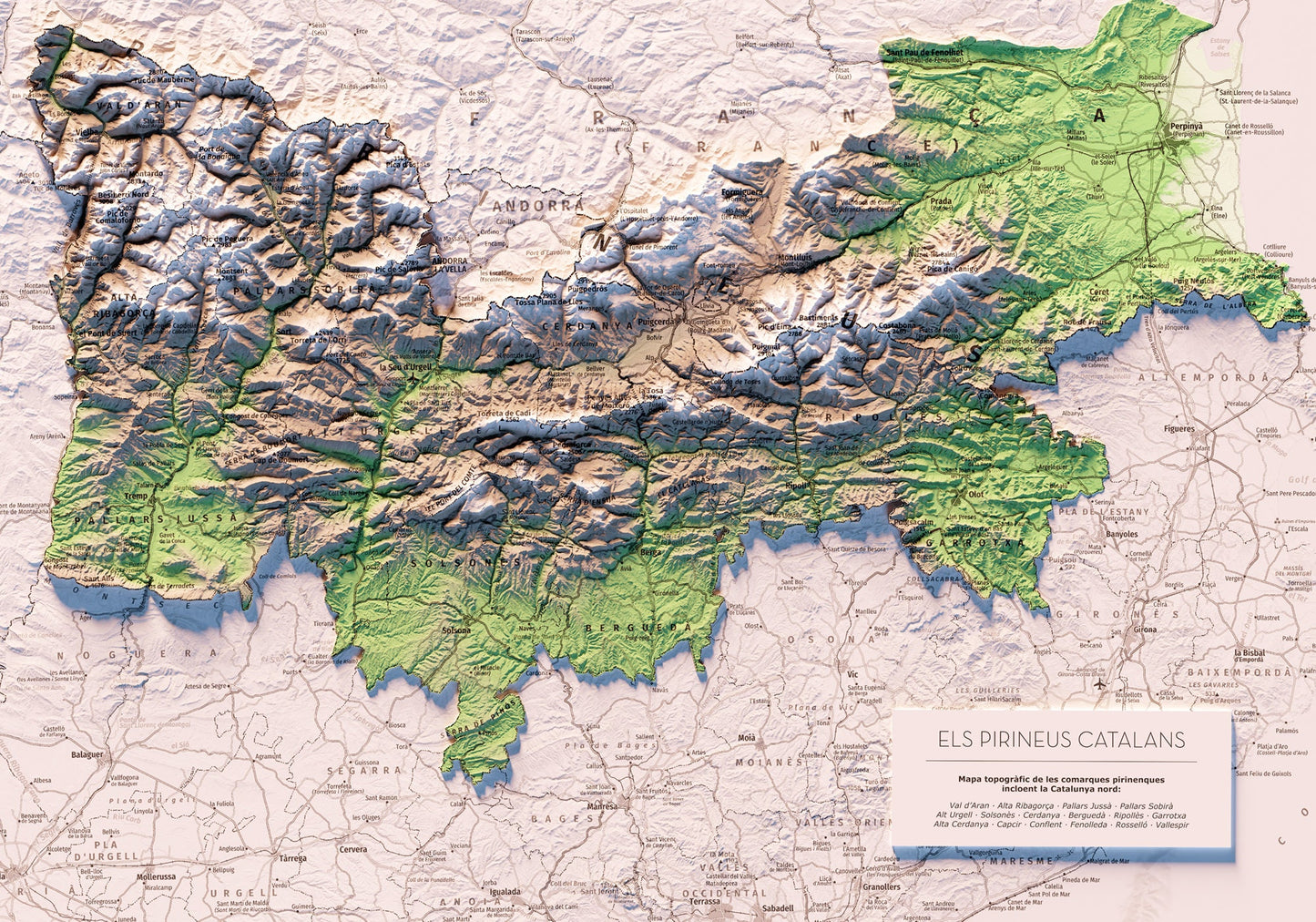 EL PIRINEU CATALÀ INCLOENT LA CATALUNYA NORD. Mapa topográfico.