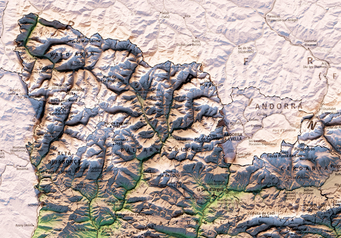 EL PIRINEU CATALÀ INCLOENT LA CATALUNYA NORD. Mapa topográfico.