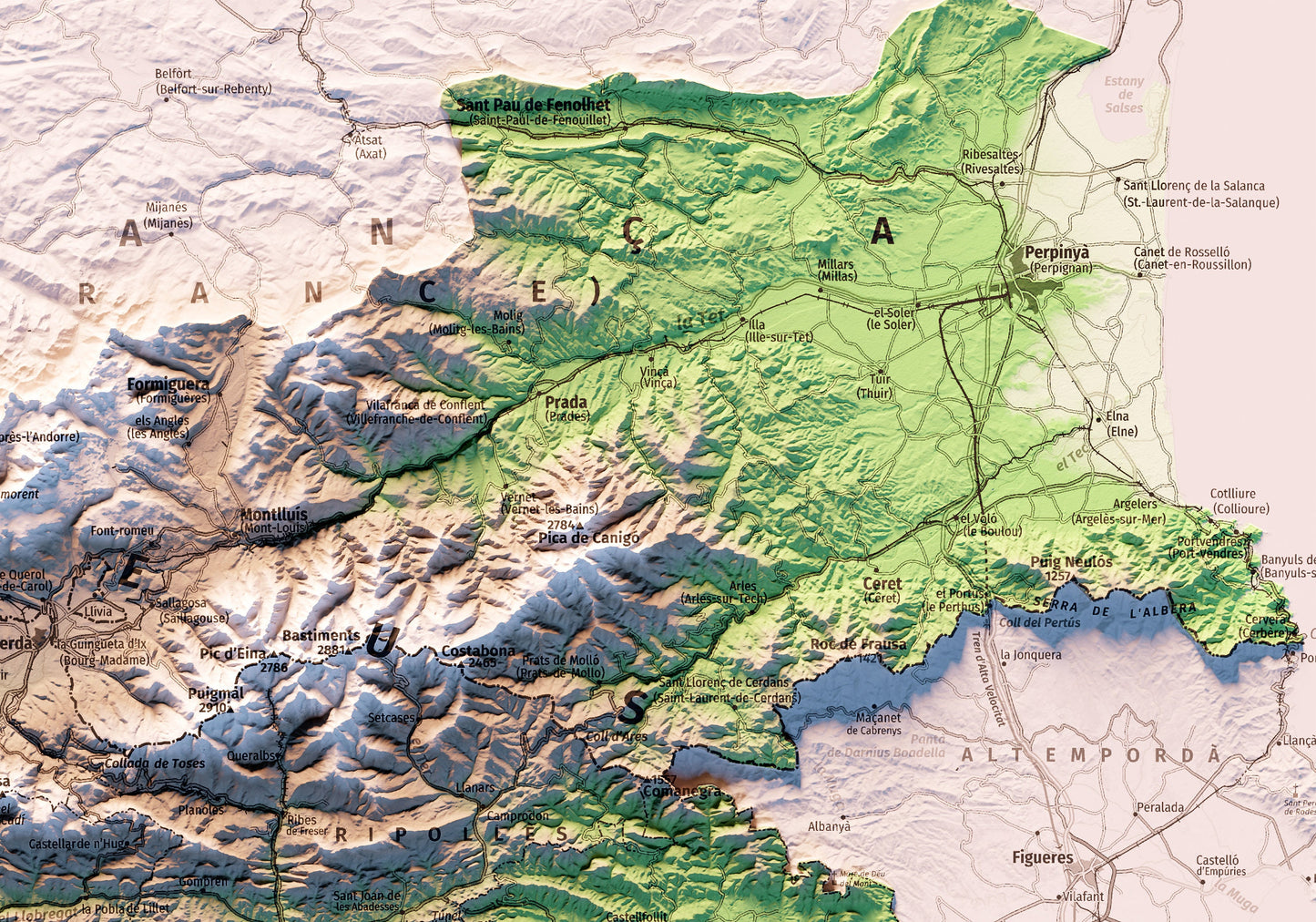 EL PIRINEU CATALÀ INCLOENT LA CATALUNYA NORD. Mapa topográfico.