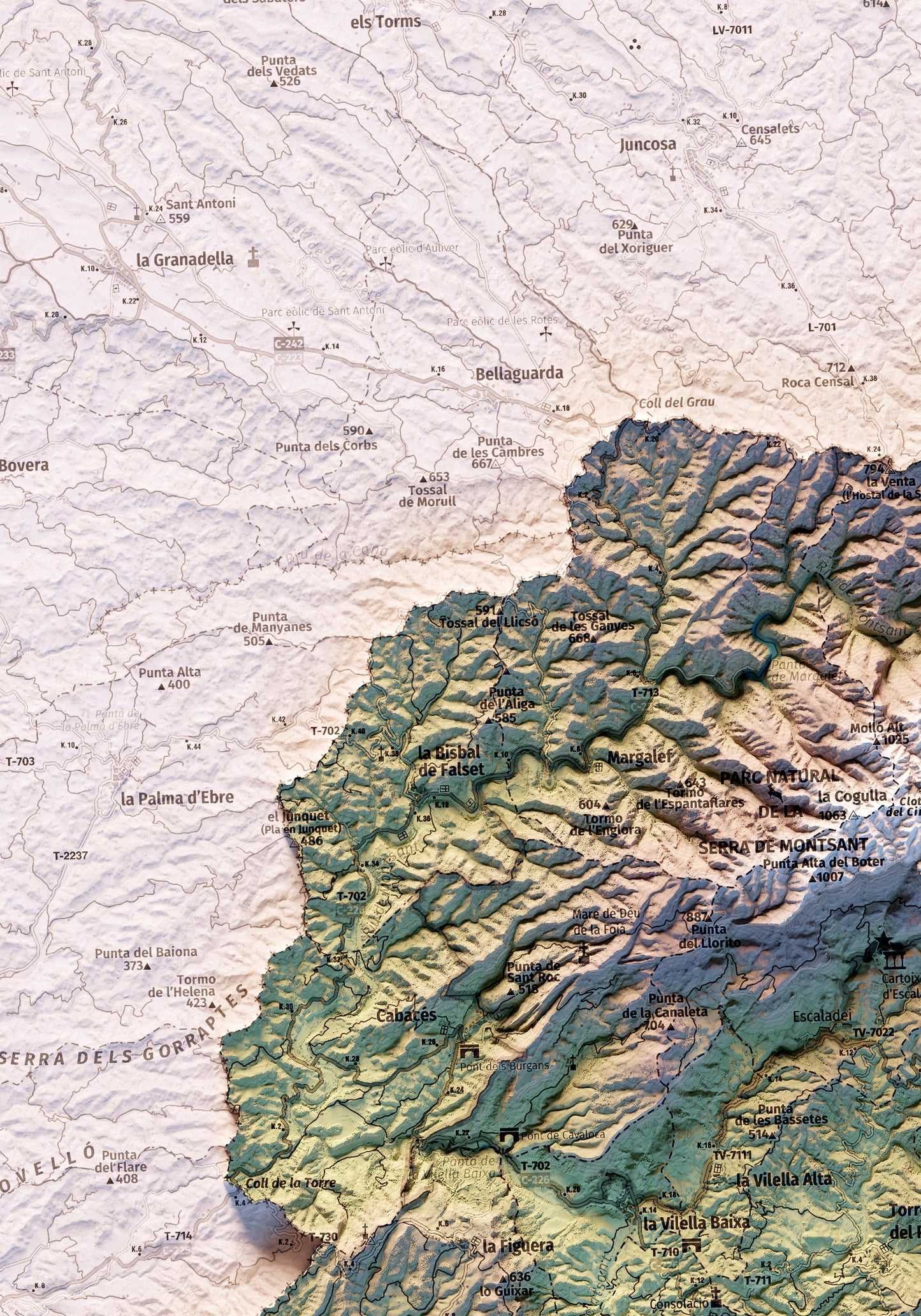 EL PRIORAT. Mapa topográfico. Versió amb colors suaus.
