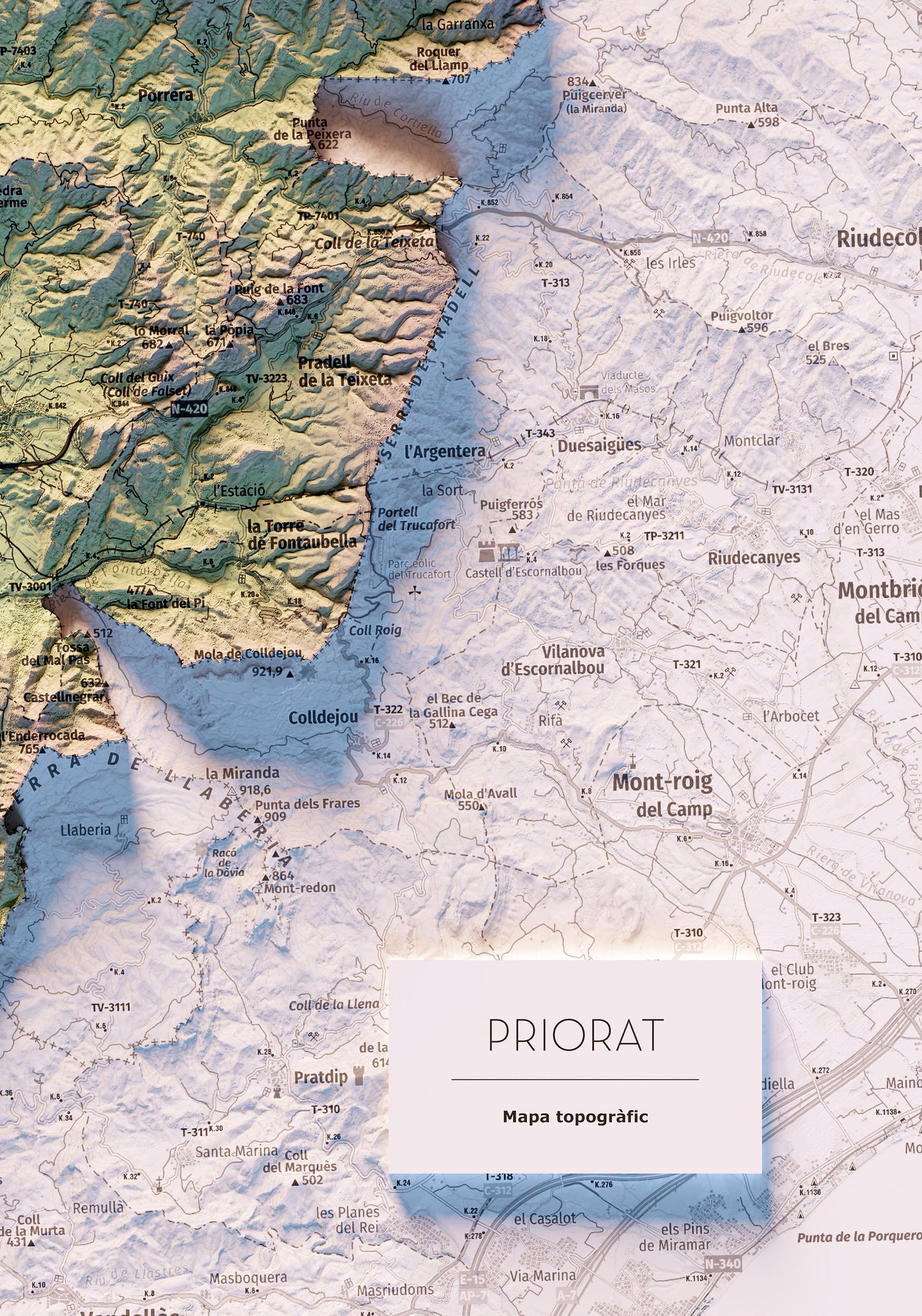 EL PRIORAT. Mapa topográfico. Versió amb colors suaus.