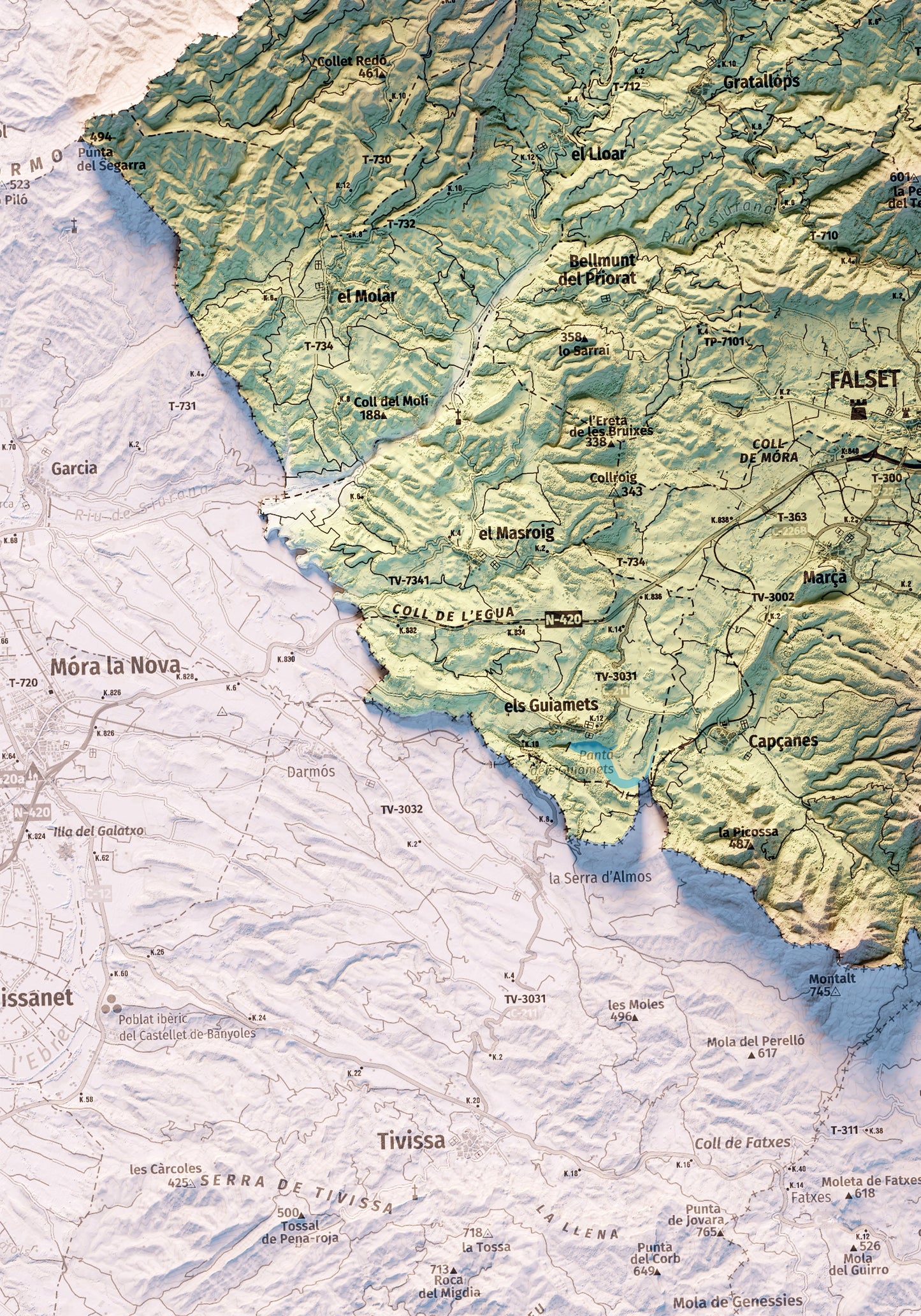 EL PRIORAT. Mapa topográfico. Versió amb colors suaus.