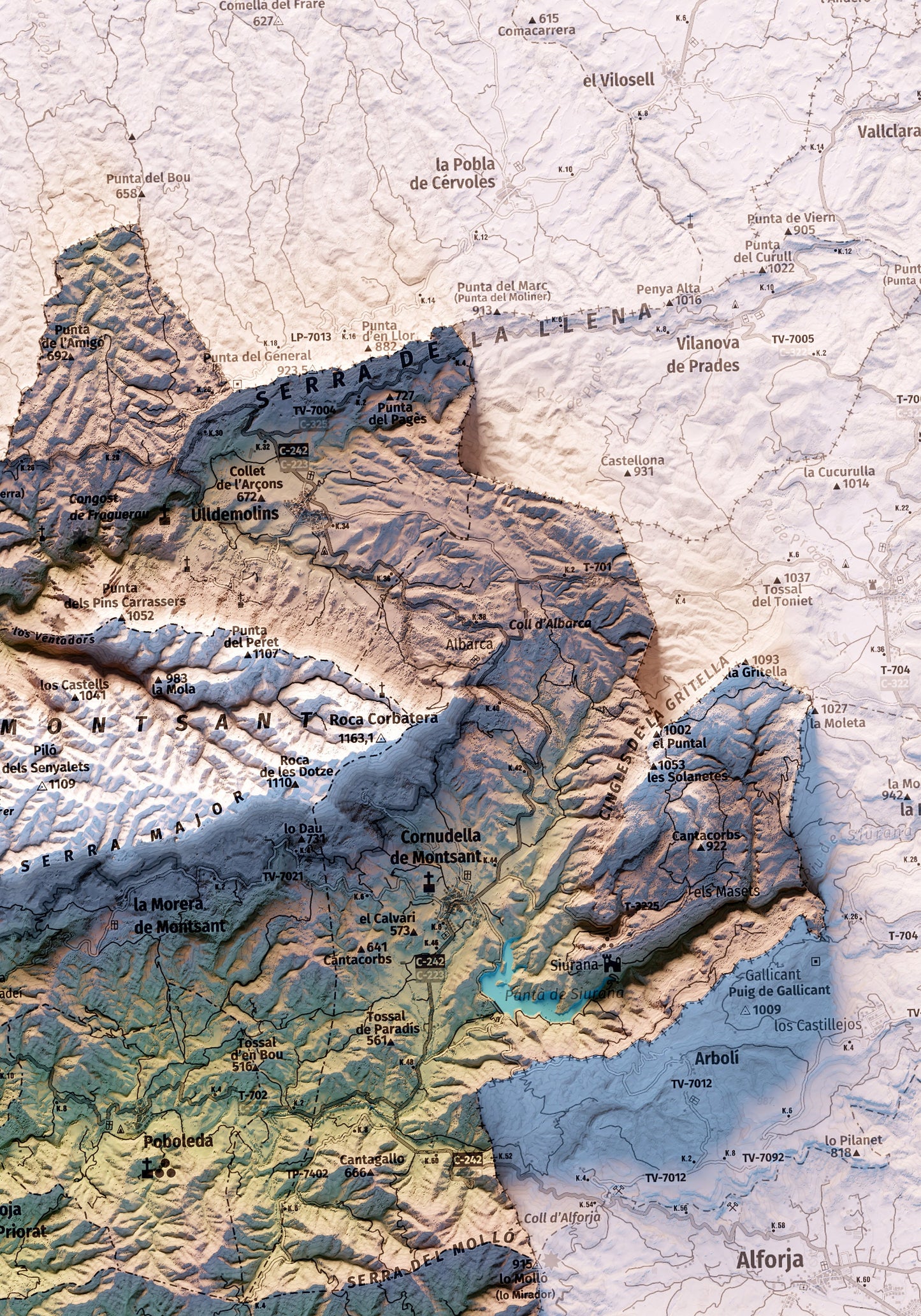 EL PRIORAT. Mapa topográfico. Versió amb colors suaus.