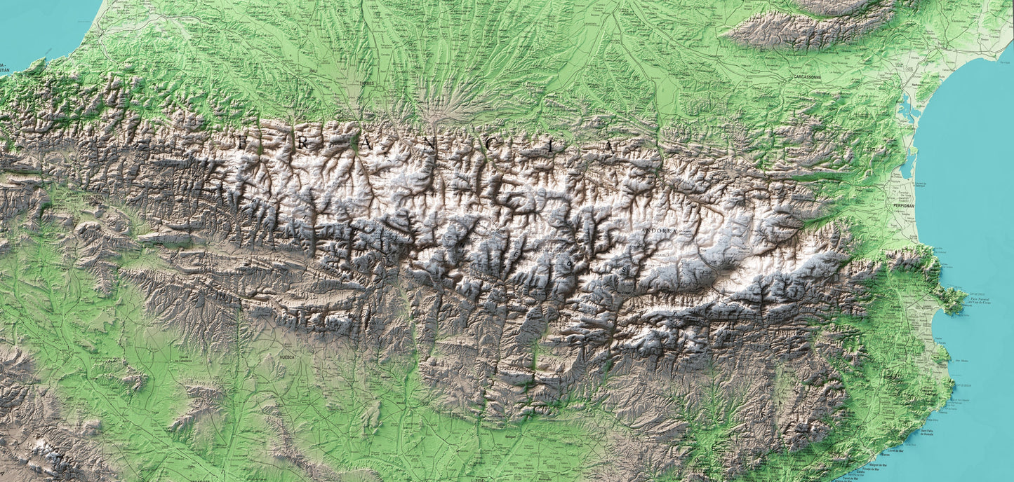 MAPA TOPOGRÁFICO EN COLOR DEL PIRINEO COMPLETO, VERSIÓN EN 3 PARTES. Parte CENTRAL (2).