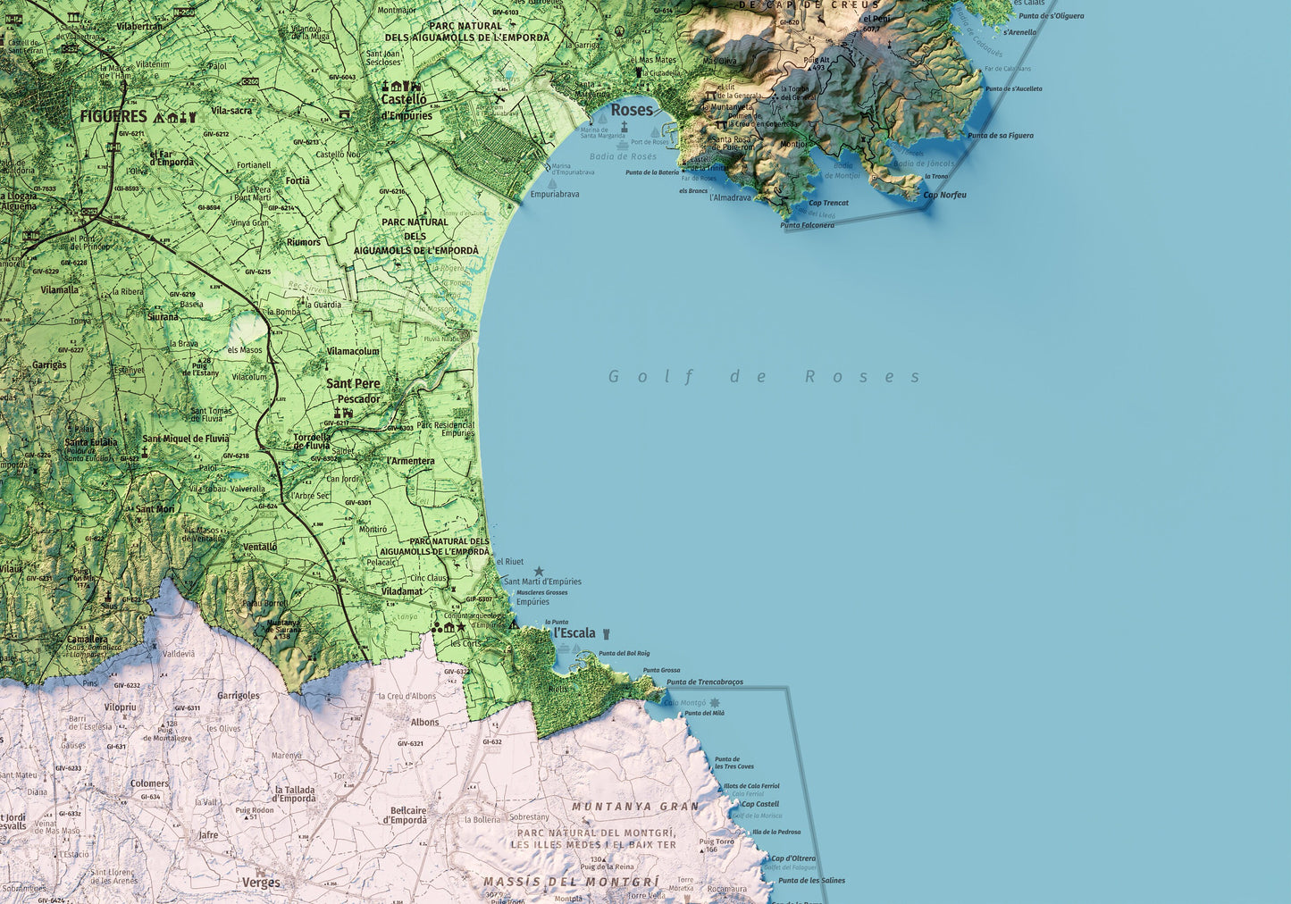 L'ALT EMPORDÀ. Mapa topográfico. Versió amb el mar blau.