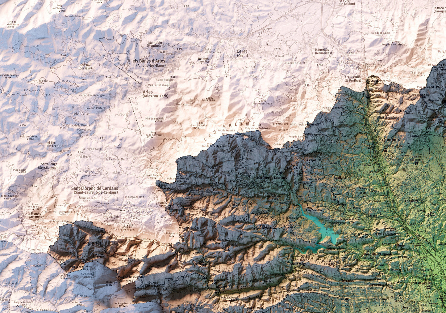 L'ALT EMPORDÀ. Mapa topográfico. Versió amb el mar blau.