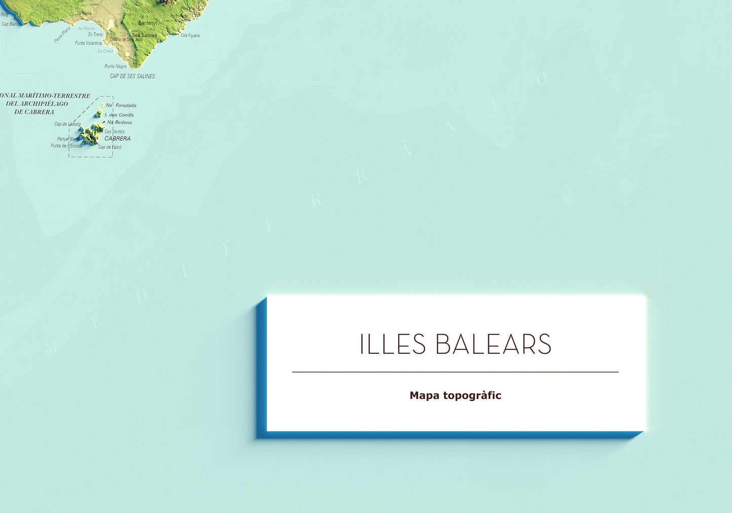 ILLES BALEARS. Mapa topográfico. Versió amb el mar blau.