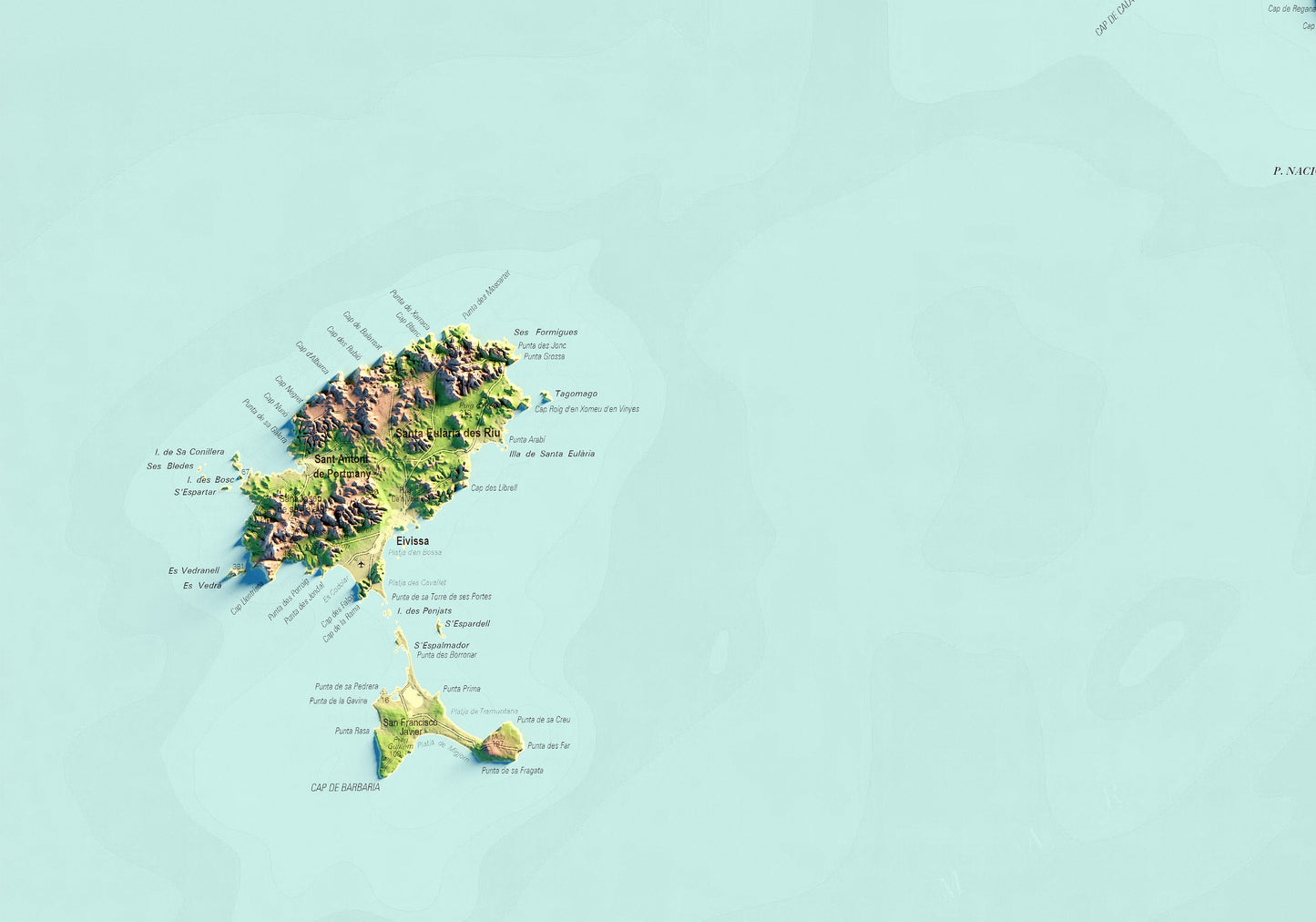 ILLES BALEARS. Mapa topográfico. Versió amb el mar blau.