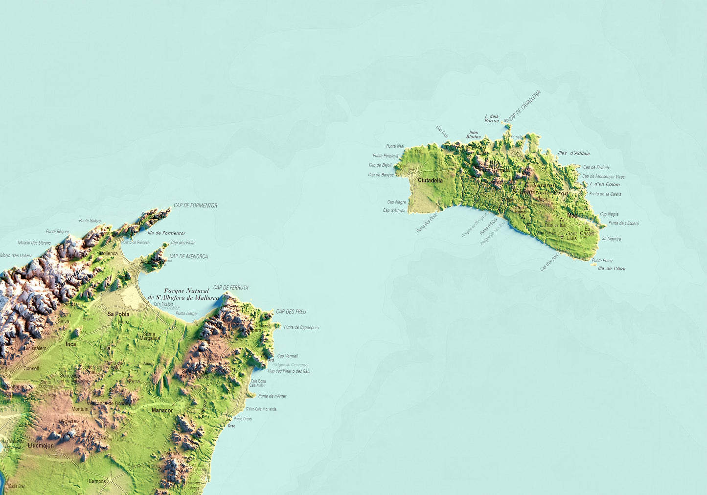 ILLES BALEARS. Mapa topográfico. Versió amb el mar blau.