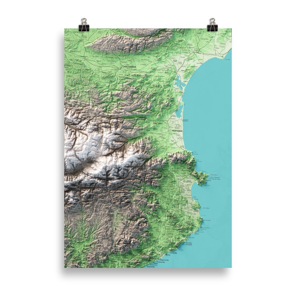 MAPA TOPOGRÁFICO EN COLOR DEL PIRINEO COMPLETO, VERSIÓN EN 3 PARTES. Parte DERECHA (3).