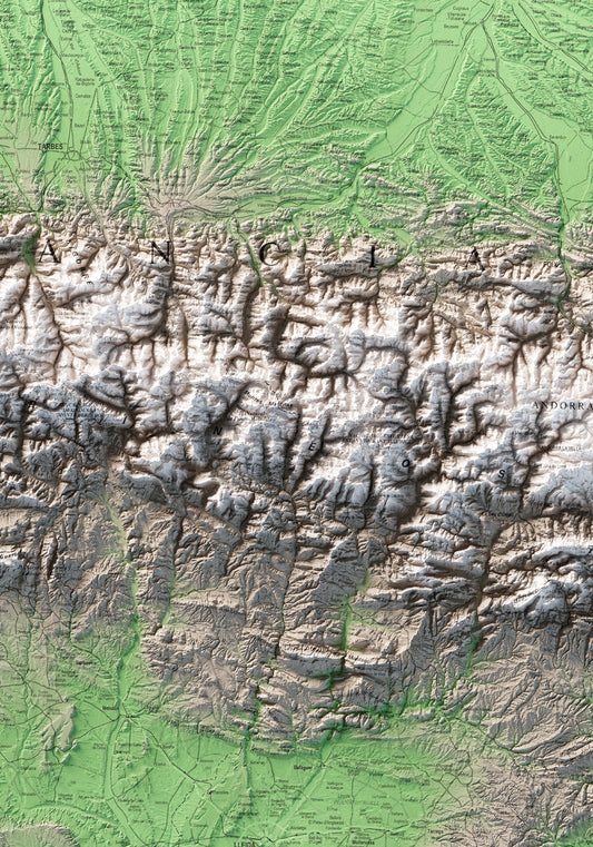 MAPA TOPOGRÁFICO EN COLOR DEL PIRINEO COMPLETO, VERSIÓN EN 3 PARTES. Parte CENTRAL (2).