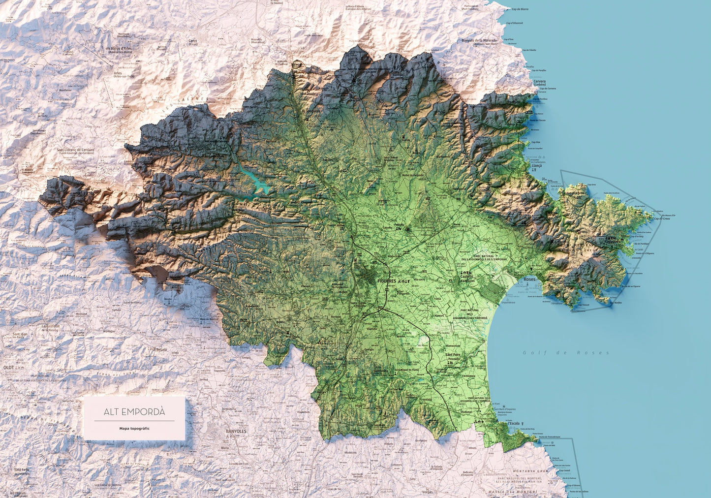 L'ALT EMPORDÀ. Mapa topográfico. Versió amb el mar blau.
