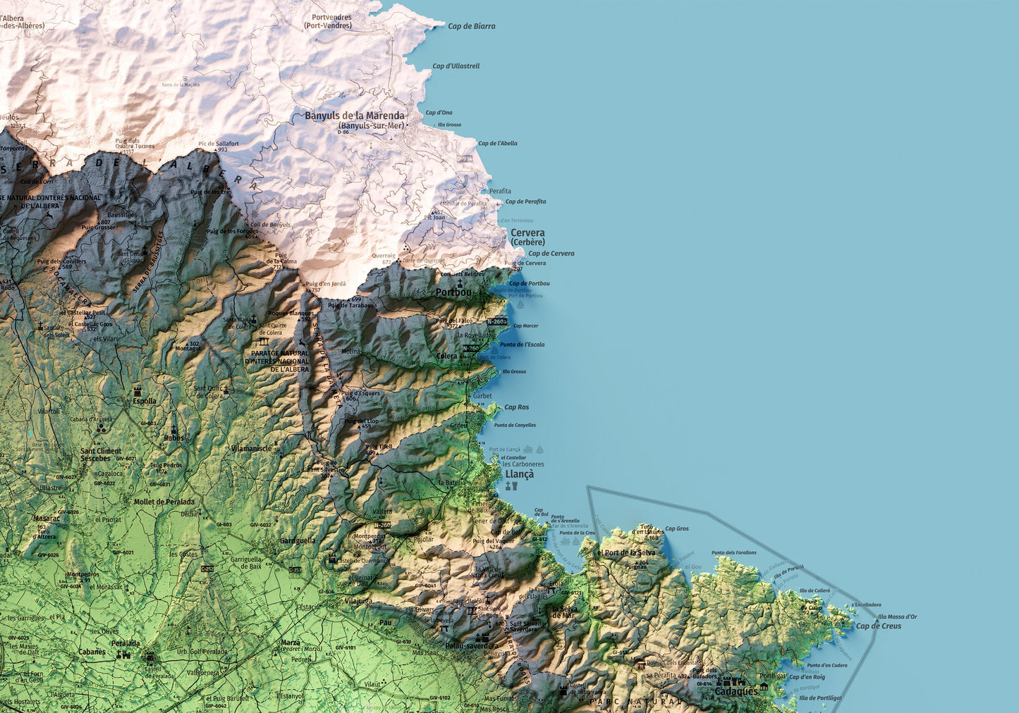 L'ALT EMPORDÀ. Mapa topográfico. Versió amb el mar blau.