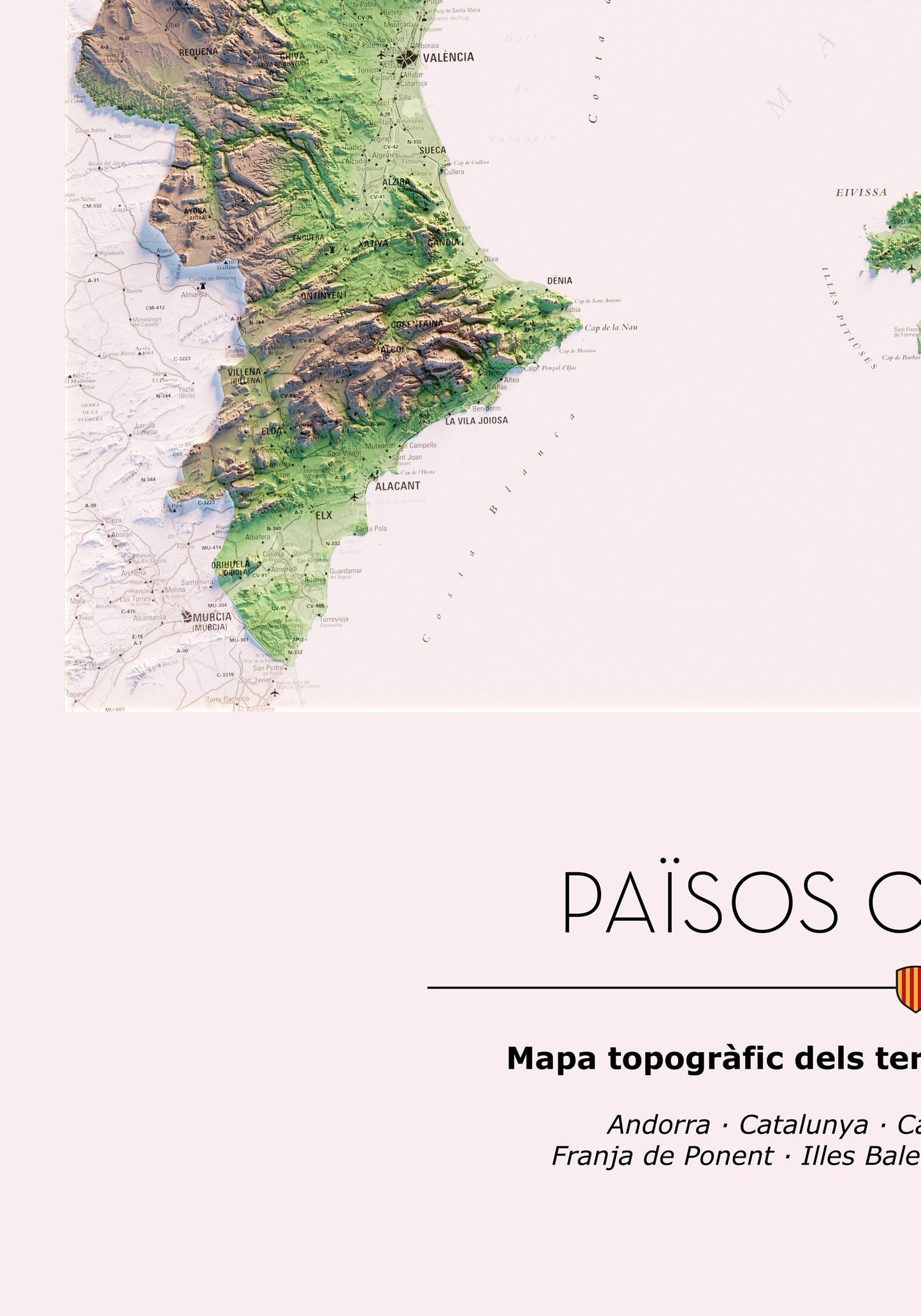 PAÏSOS CATALANS. Mapa topográfico. Versió amb el mar blanc.