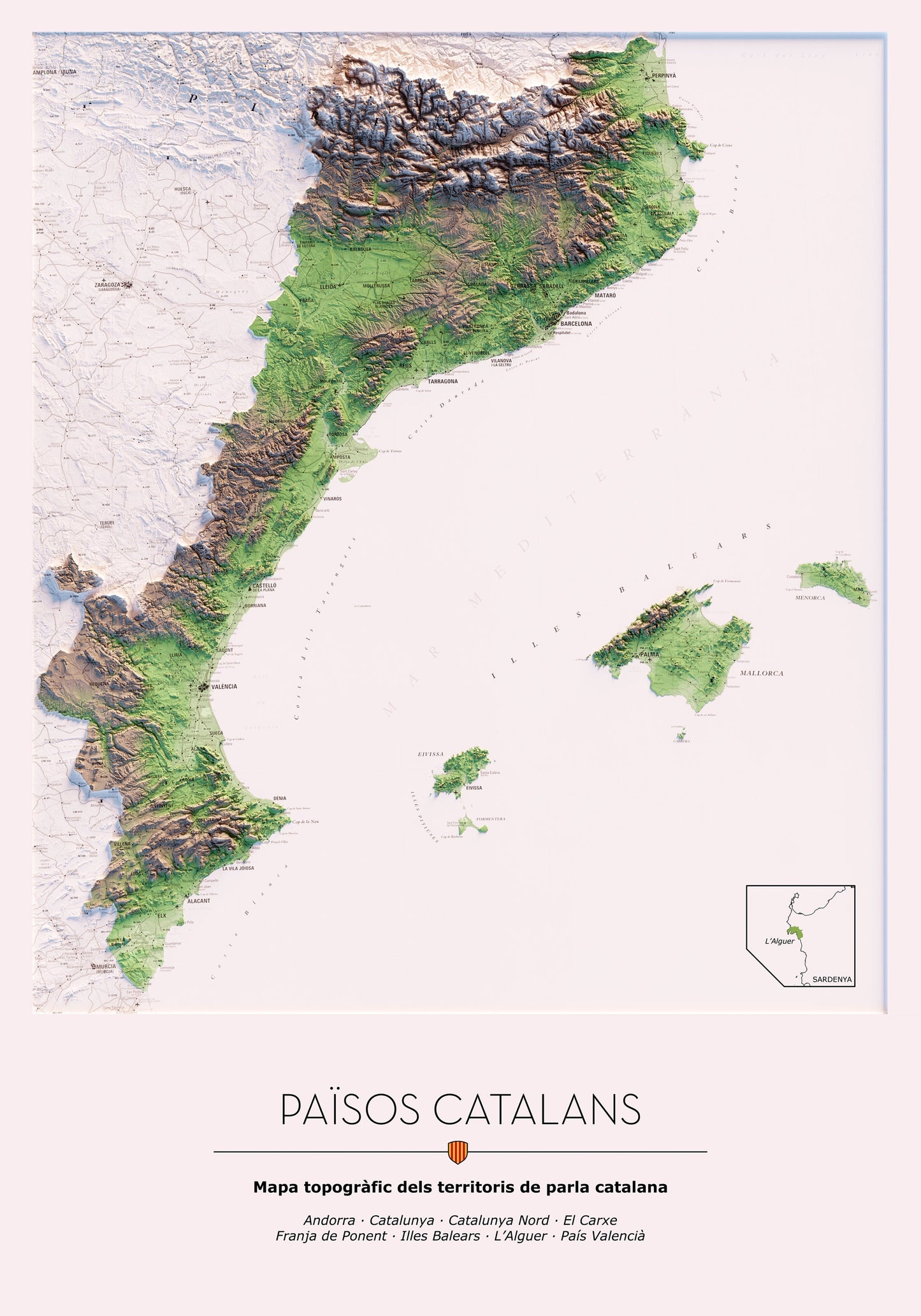 PAÏSOS CATALANS. Mapa topográfico. Versió amb el mar blanc.