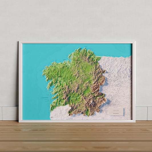 GALIZA. Mapa topográfico. Versión con el mar azul.