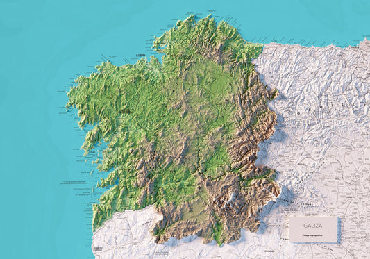 GALIZA. Mapa topográfico. Versión con el mar azul.