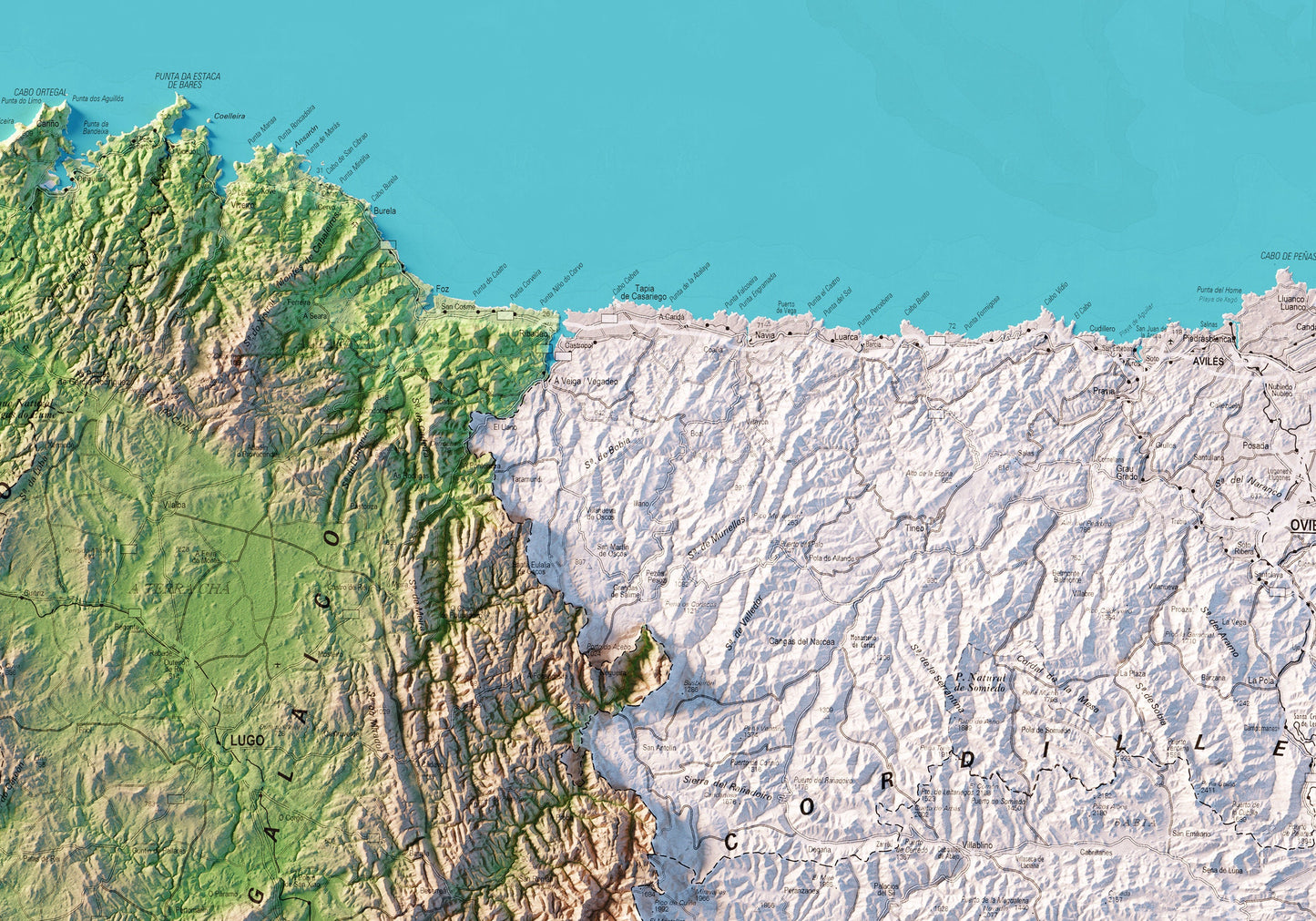 GALIZA. Mapa topográfico. Versión con el mar azul.
