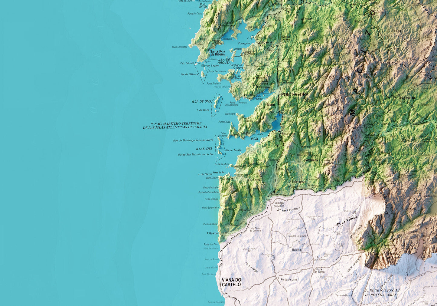 GALIZA. Mapa topográfico. Versión con el mar azul.