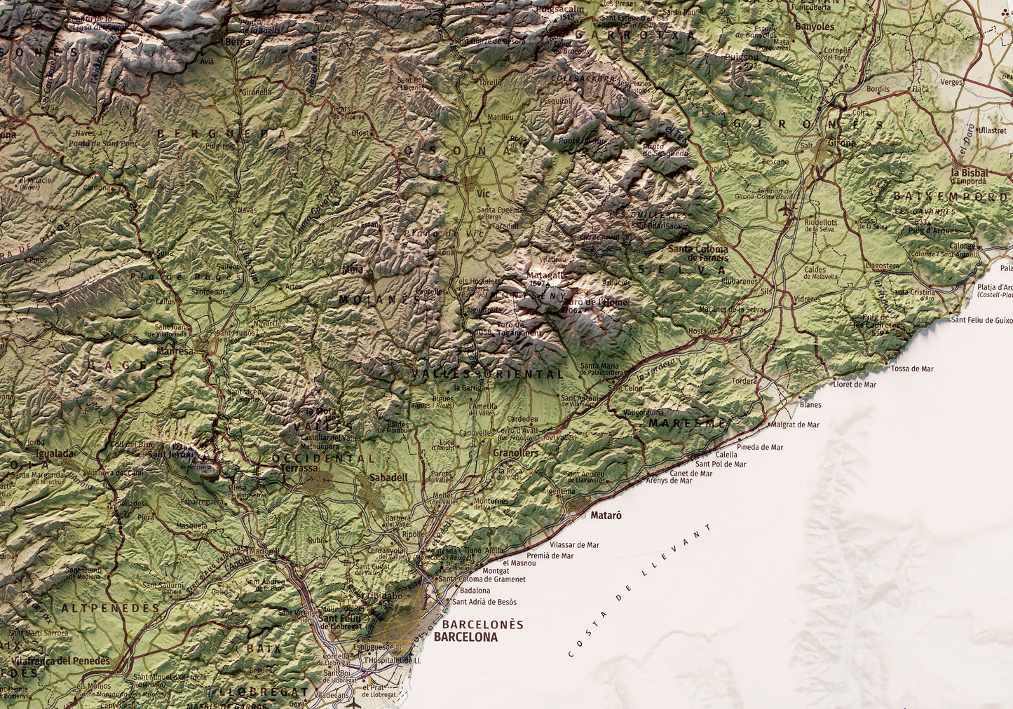 CATALUNYA. Mapa topográfico. Versió amb colors suaus.