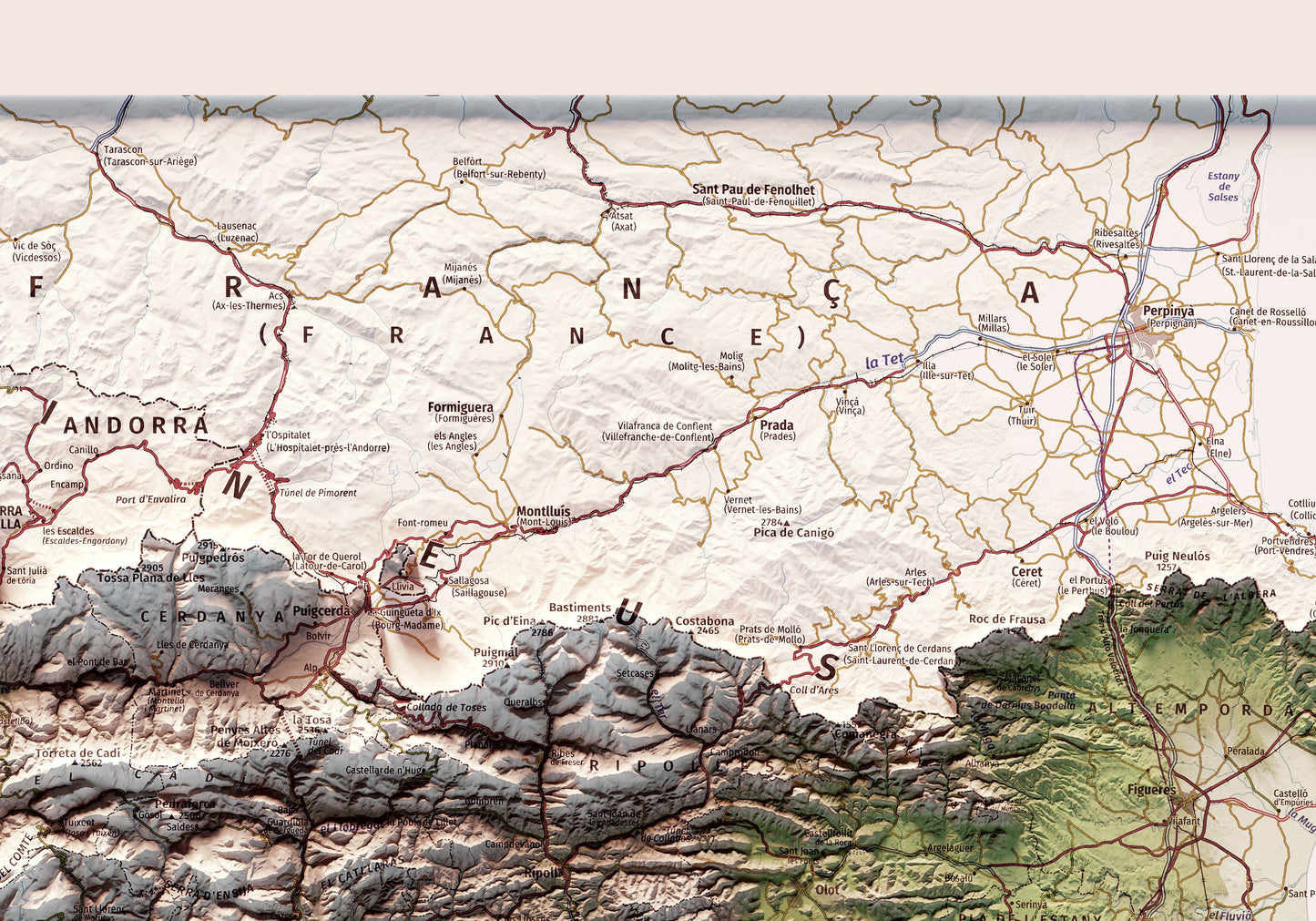 CATALUNYA. Mapa topográfico. Versió amb colors suaus.