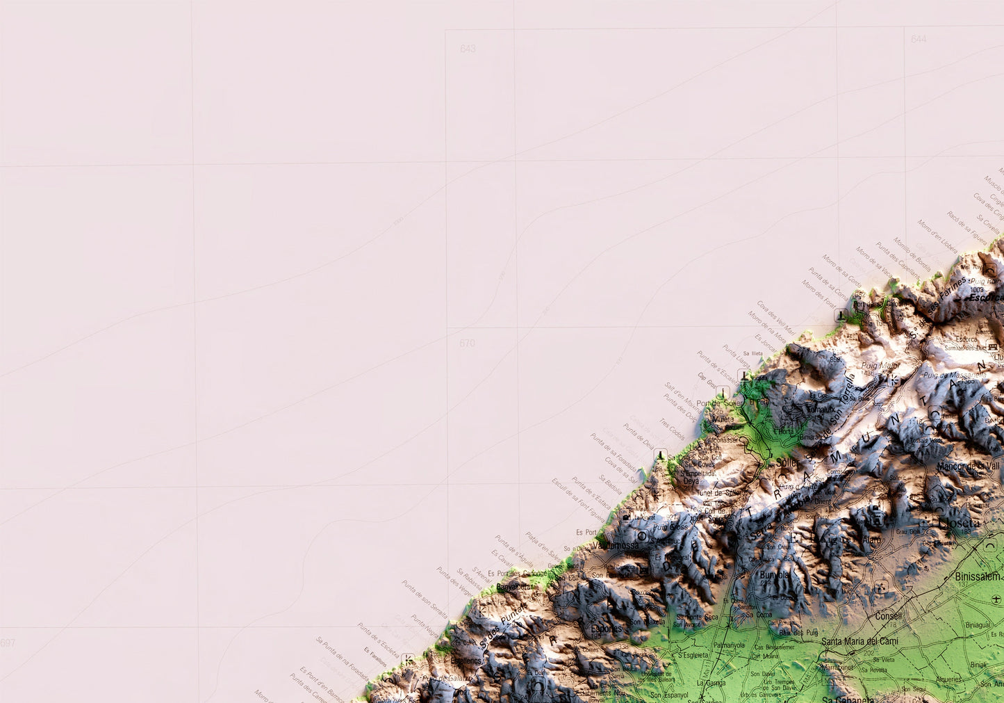 MALLORCA. Mapa topográfico. Versió amb el mar blanc.