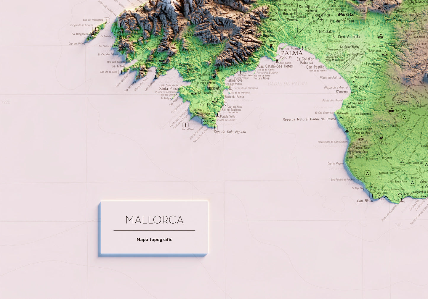 MALLORCA. Mapa topográfico. Versió amb el mar blanc.