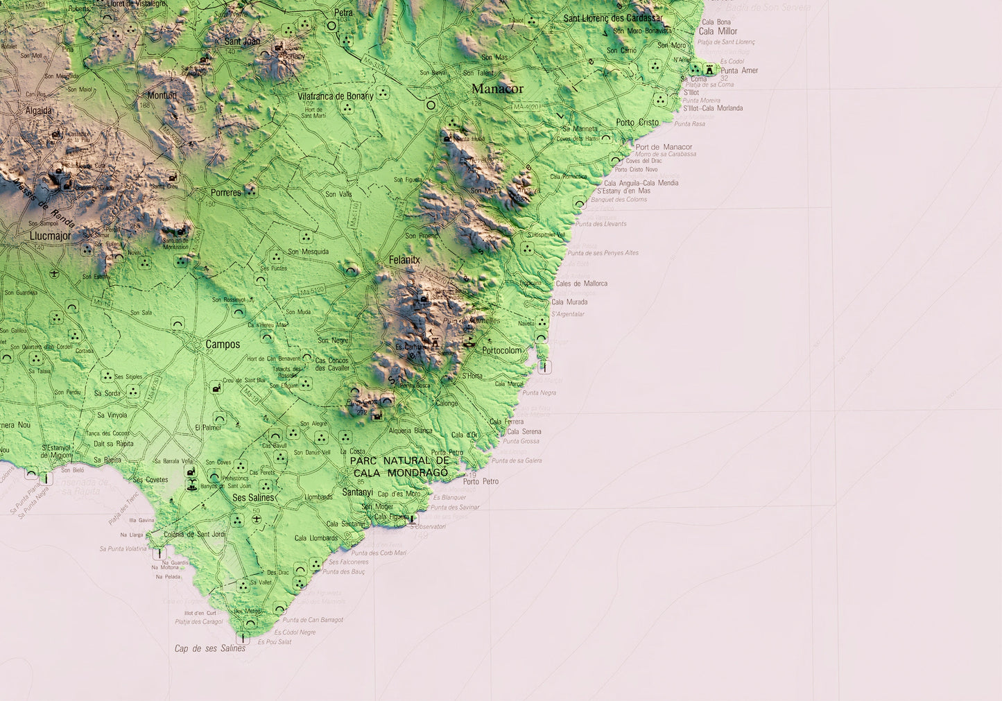 MALLORCA. Mapa topográfico. Versió amb el mar blanc.