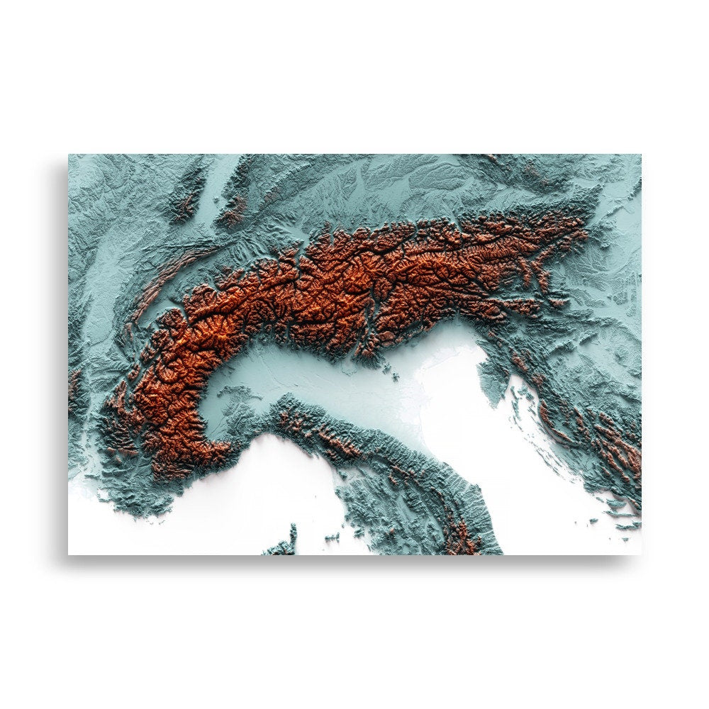 ALPS. Mapa de relleu artístic blau i taronja.