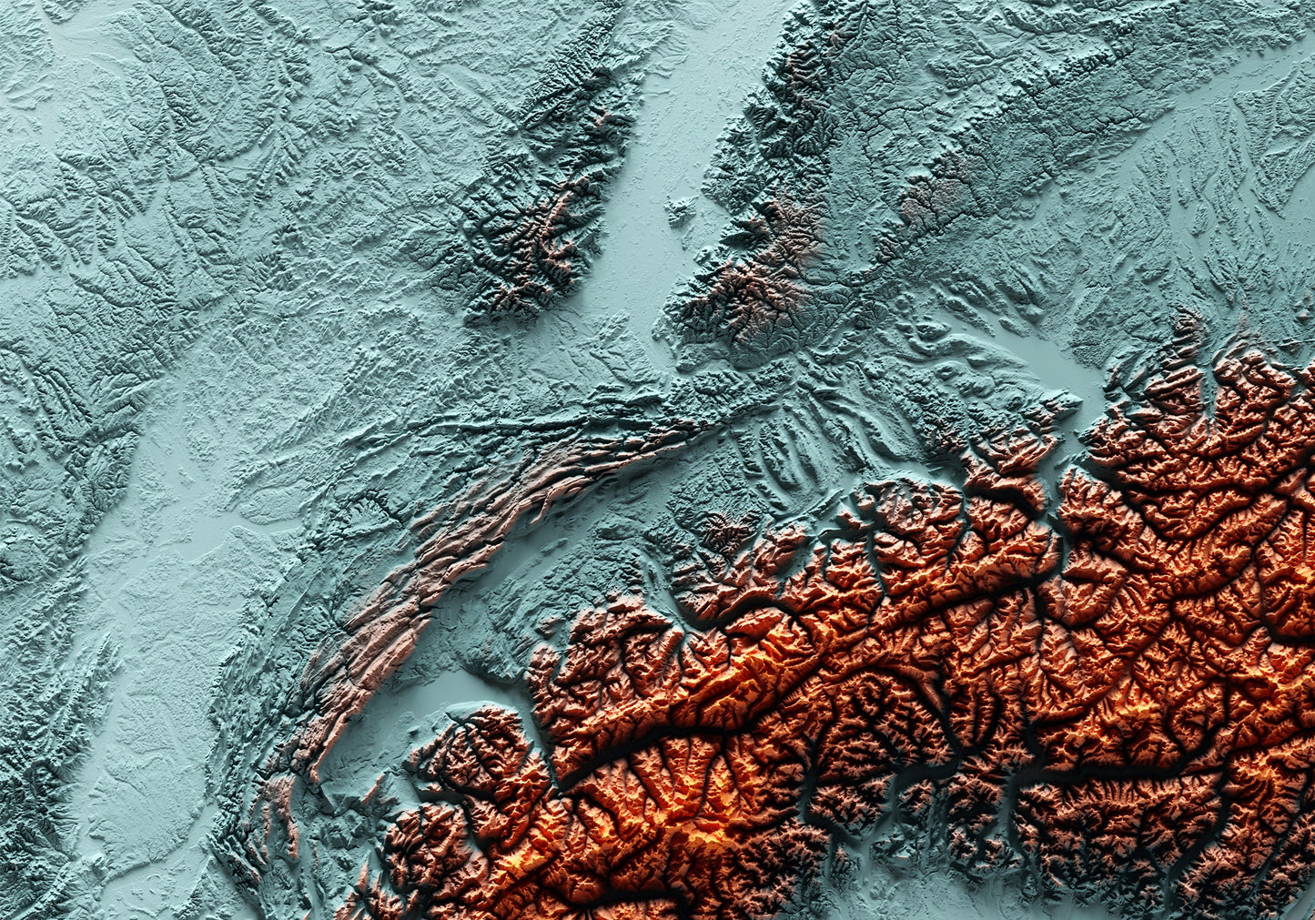 ALPS. Mapa de relleu artístic blau i taronja.