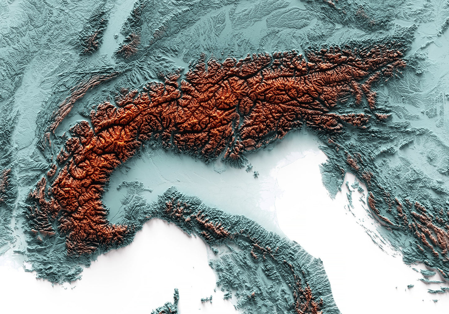 ALPS. Mapa de relleu artístic blau i taronja.