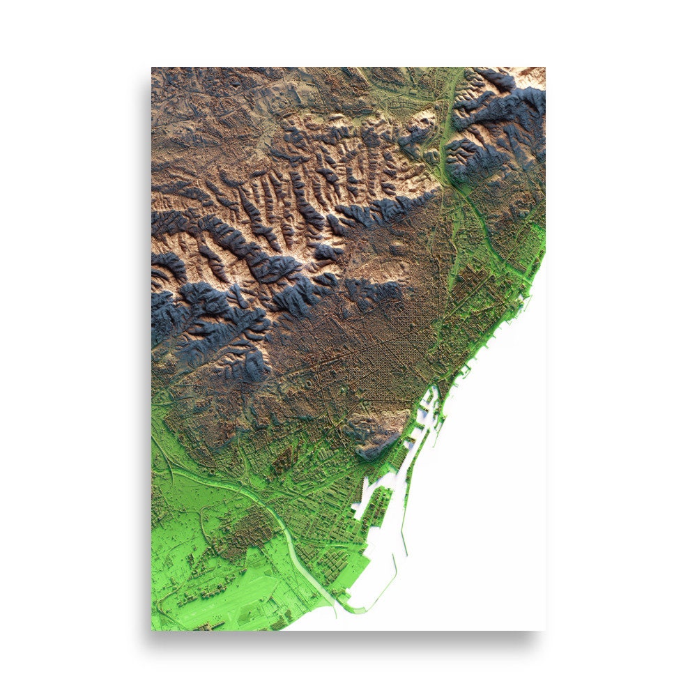 BARCELONA. Mapa de relleu artístic amb els colors clàssics de Trobart.