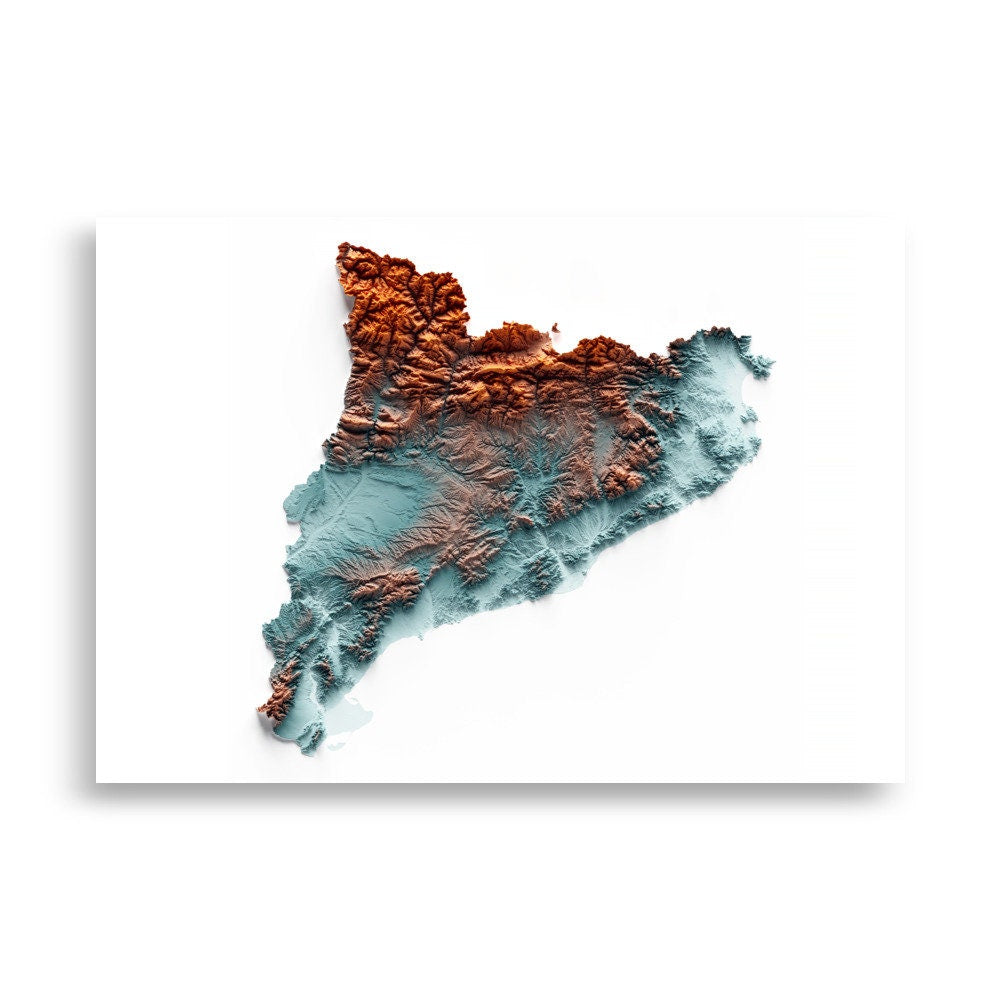 CATALUNYA. Mapa de relleu artístic blau i taronja.