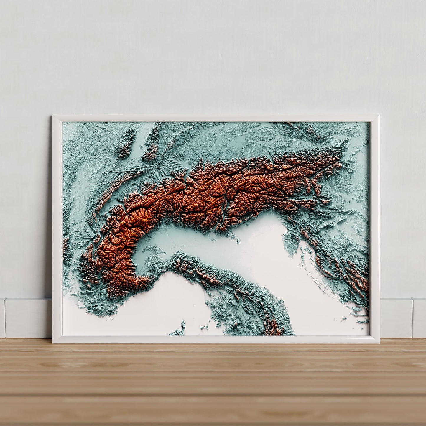 ALPS. Mapa de relleu artístic blau i taronja.
