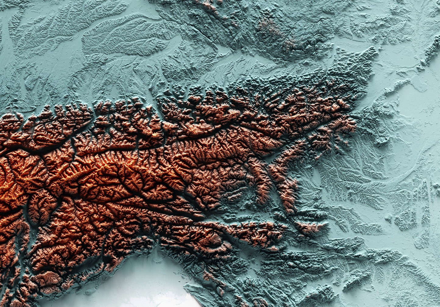 ALPS. Mapa de relleu artístic blau i taronja.